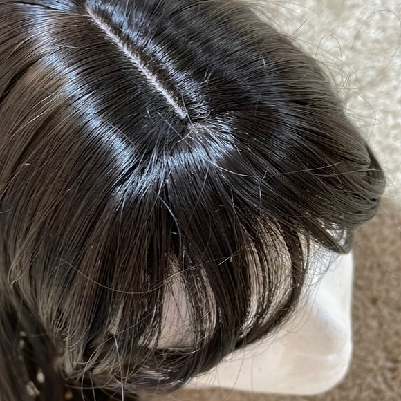 NWT 16-17”natural black brown hint straight blended human mix topper round bangs - Picture 12 of 16
